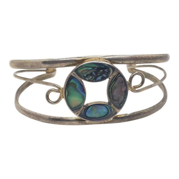 Vintage Cuff Bracelet Sterling Silver Abalone Shell Inlay Open Bangle Mexico - Picture 1 of 6